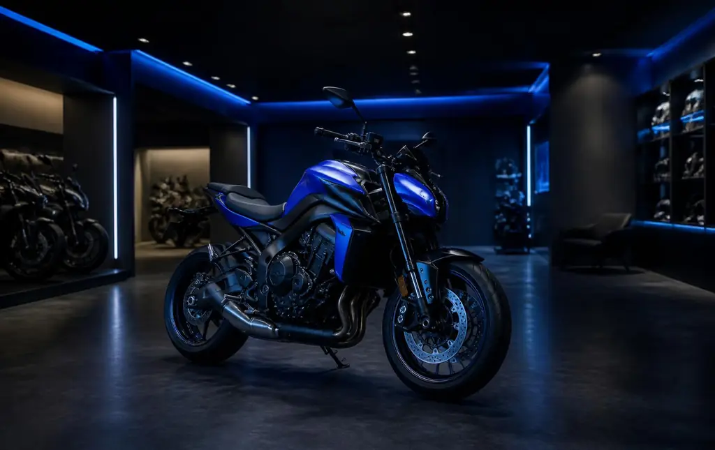 Moto deportiva azul y negra exhibida en un showroom de motos con iluminación azul